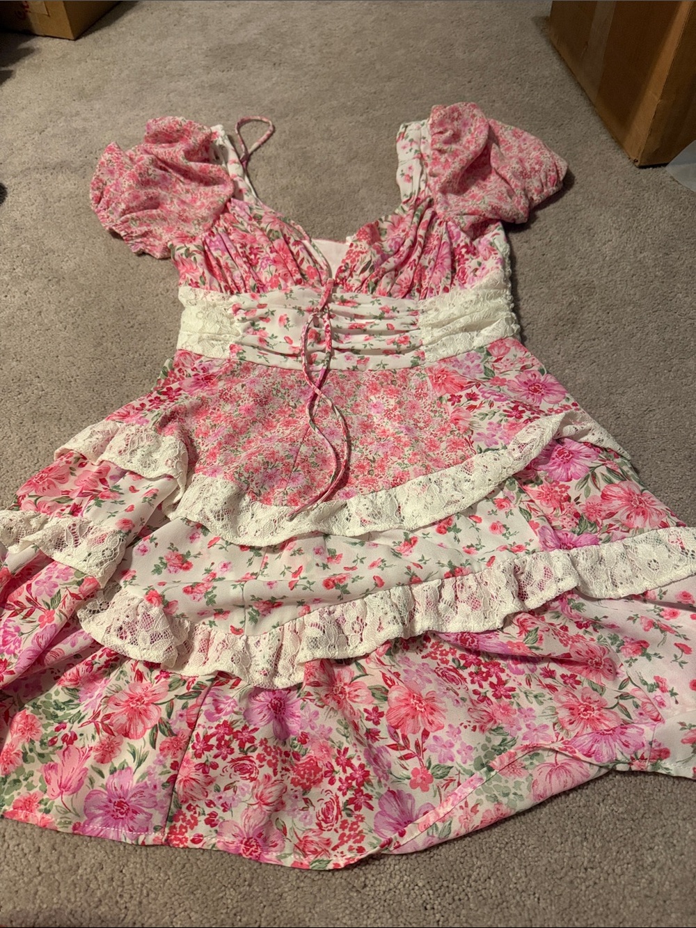 Altar'd State Pink & Cream Floral Lace-Trim Mini Dress